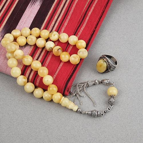 Kaya Damla Kehribar  925 Ayar G�m�� P�sk�l K�re Kesim 13mm Tesbih ve G�m�� Kehribar Y�z�k Seti