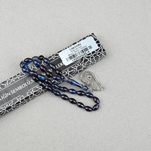 S�kma Kehribar Alpaka P�sk�ll� Beyzi Kesim 7x11mm Tesbih- Lacivert