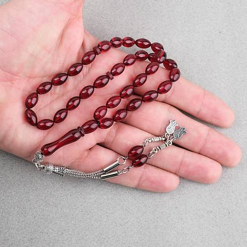 S�kma Kehribar Beyzi Kesim Alpaka P�sk�ll� 7x11mm Tesbih K�rm�z�
