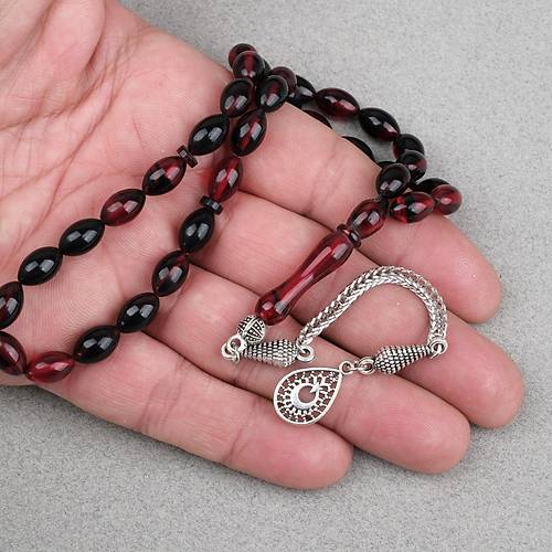 S�kma Kehribar Alpaka P�sk�ll� Beyzi Kesim 7x11mm Tesbih- Siyah K�rm�z�