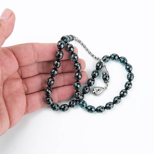 Ate Kehribar 925Ayar Gm akm ve Gm Pskl Beyzi Kesim 8x10mm Tesbih -Yeil