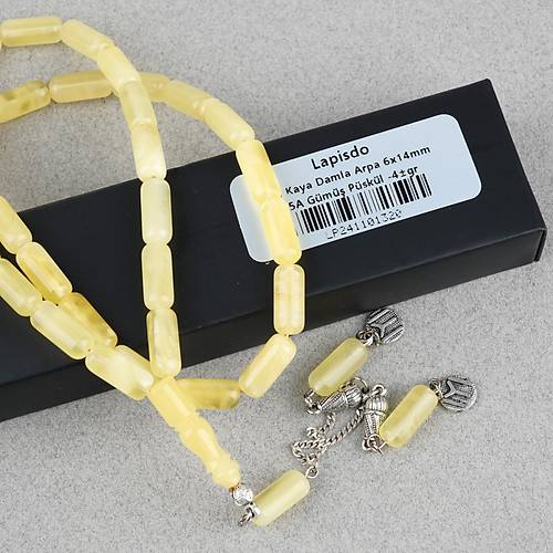 Rus Kaya Damla Kehribar 925Ayar G�m�� P�sk�l Arpa Kesim Kesim 6x14mm Tesbih