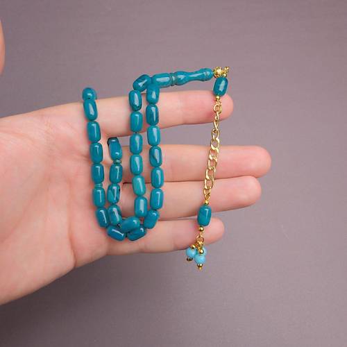 S�kma Kehribar Kaps�l Kesim Alt�n Renk P�sk�ll� 7x11mm Tesbih Turkuaz Ye�ili