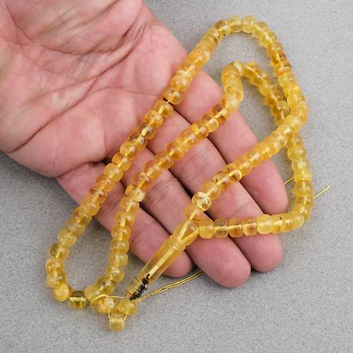 Damla Kehribar 99luk Tekerlek Kesim 7.5x6mm Namez Tesbihi