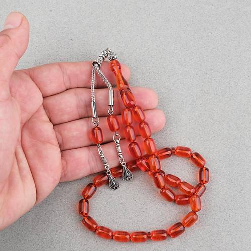 Ate� Kehribar Kaps�l Kesim Alpaka P�sk�ll� 7x11mm Tesbih �effaf K�rm�z�