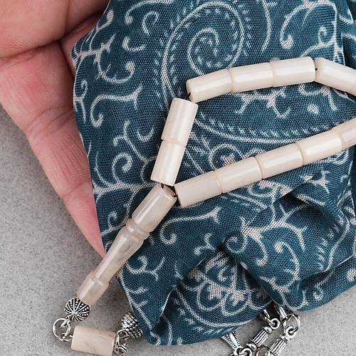 S�kma Kehribar Kesme Kesim Alpaka P�sk�ll� 6x10mm Tesbih Krem