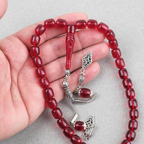 Ate� Kehribar Ayy�ld�z ��lemeli �mame Kaps�l Kesim 9x11mm Tesbih - K�rm�z�