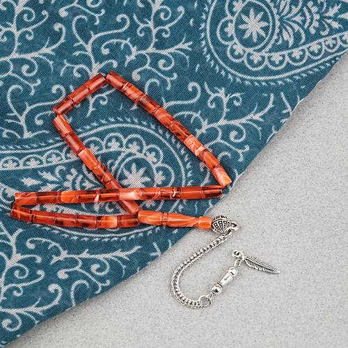 S�kma Kehribar Alpaka P�sk�ll� Kesme Kesim 4x7mm Tesbih- Krem-Turuncu