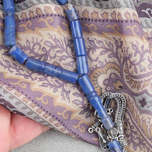 S�kma Kehribar Kesme Kesim Alpaka P�sk�ll� 6x10mm Tesbih Mavi