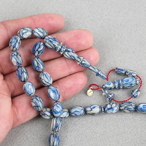 Galalit Yumurta Kesim 8.5x12mm Tesbih -Sedefli Koyu Mavi