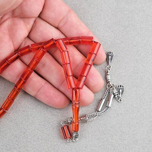 S�kma Kehribar Kesme Kesim Alpaka P�sk�ll� 6x10mm Tesbih Turuncu