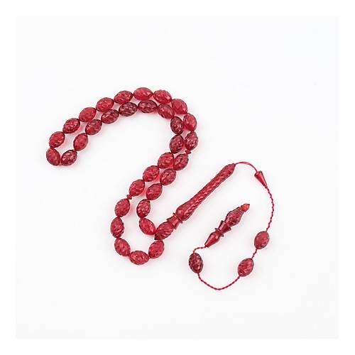 Ate� Kehribar Kalem ���ilikli EL ��lemli Beyzi Kesim 9x11mm Tesbih - K�rm�z�