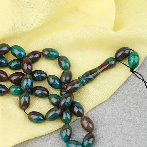 S�kma Kehribar Beyzi Kesim 7x11mm Tesbih- Ye�il- Kahverengi