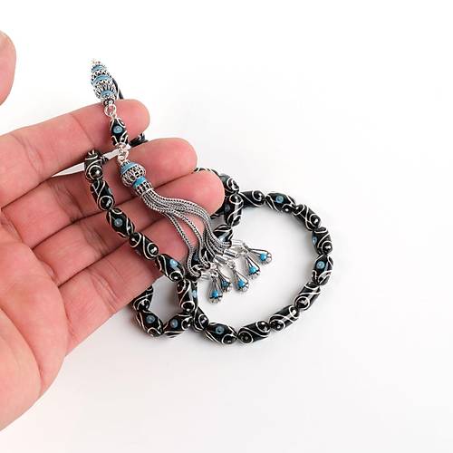 Erzurum Oltu 925Ayar Gm Pskl Firuze ve Gzya lemeli Kapsl Kesim 6x11mm Tesbih - Yusuf Akansel Usta El ii