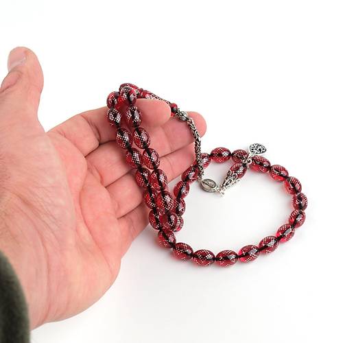 Ate Kehribar 925Ayar Gm akm ve Pskl Beyzi Kesim 8.5x12mm Tesbih