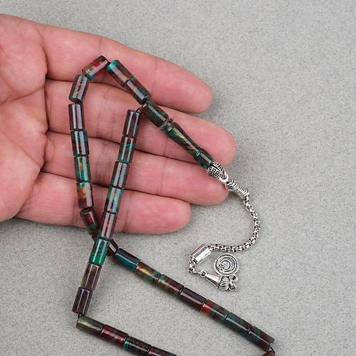 S�kma Kehribar Alpaka P�sk�ll� Kesme Kesim 6x10mm Tesbih - Ye�il K�rm�z�