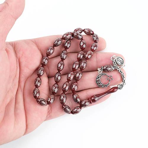 Ate Kehribar 925Ayar Gm akm ve Gm Pskl Beyzi Kesim 6.5x11mm Tesbih -Krmz