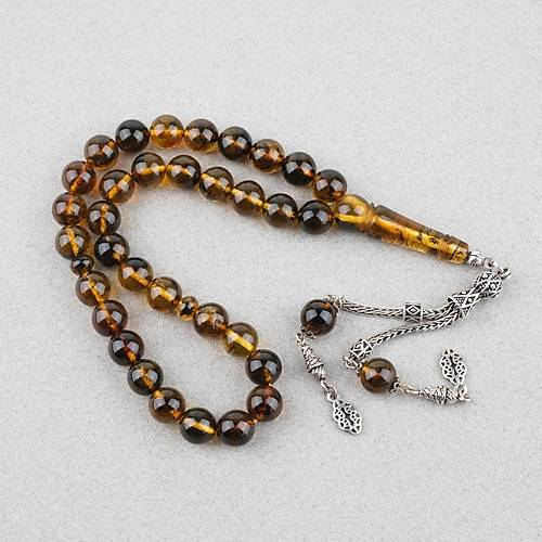 Kaya Damla Kehribar 925Ayar G�m�� P�sk�ll� K�re Kesim 10mm Tesbih