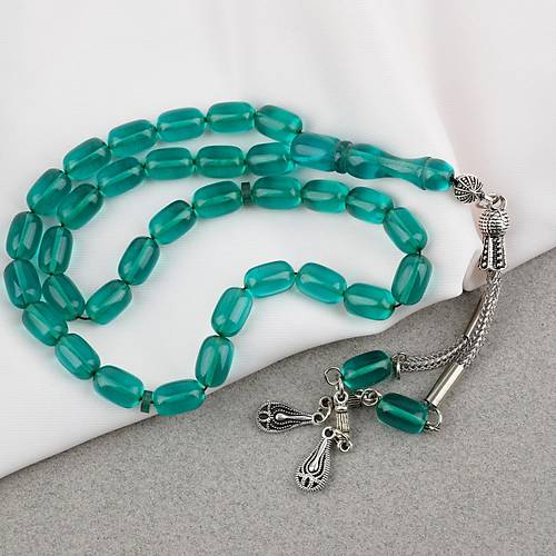 S�kma Kehribar Kaps�l Kesim Alpaka P�sk�ll� 7x11mm Tesbih Ye�il