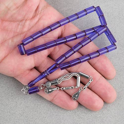 S�kma Kehribar Kesme Kesim Alpaka P�sk�ll� 6x10mm Tesbih Koyu Mavi