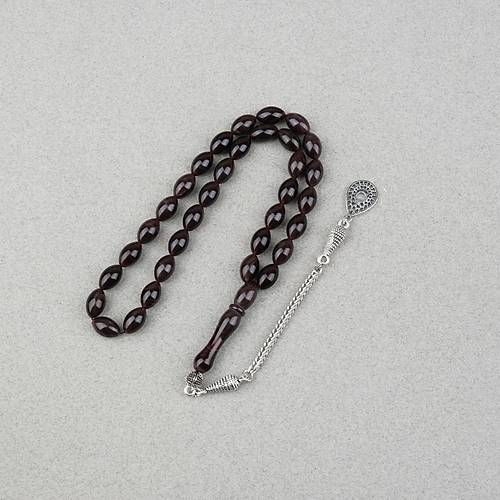 S�kma Kehribar Alpaka P�sk�ll� Beyzi Kesim 7x11mm Tesbih- Kahverengi