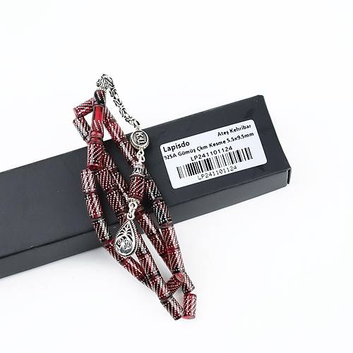 Ate Kehribar 925Ayar Gm akm ve Gm Pskl Kesme Kesim 5.5x9.5mm Tesbih -Krmz