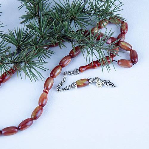 Sedefli S�kma Kehribar Alpaka P�sk�l Arpa Kesim 8x15.5mm Tesbih - A��k Ye�il - K�rm�z� - �brahim Ye�ilnacar Usta ��i