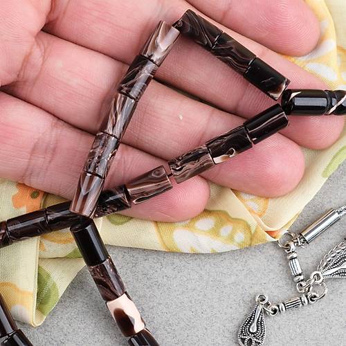 S�kma Kehribar Kesme Kesim Alpaka P�sk�ll� 6x10mm Tesbih Krem Kahverengi