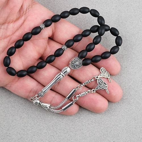 Oniks Ta�� Beyzi Kesim 6.5x9mm Tesbih Alpaka P�sk�ll� Mat Siyah