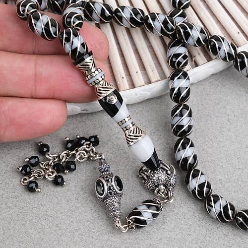 Erzurum Oltu 925Ayar G�m�� ��leme ve P�sk�l �e�mib�lb�l Nakka� �mame Kaps�l Kesim 8x12mm Tesbih