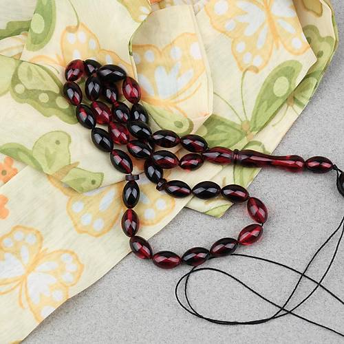 S�kma Kehribar Beyzi Kesim 7x11mm Tesbih- Siyah K�rm�z�