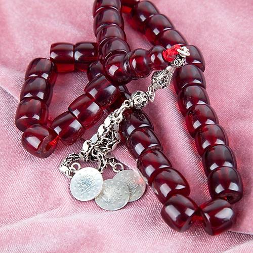 Osmanl Ate-i Kehribar 1900'ler Dnem i 925 Ayar Gm Galip Model mame F Kesim 14x10.5mm Tesbih