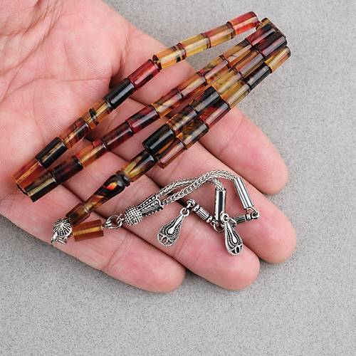 S�kma Kehribar Kesme Kesim Alpaka P�sk�ll� 6x10mm Tesbih Sar� K�rm�z�