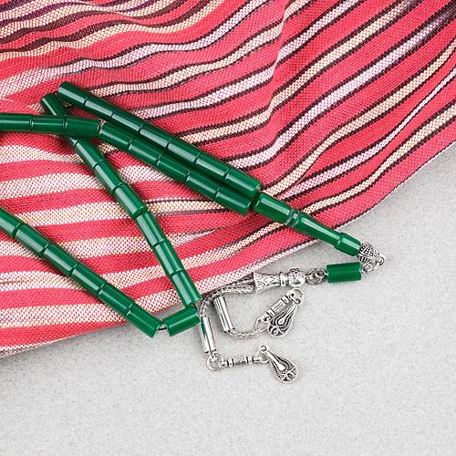 S�kma Kehribar Kesme Kesim Alpaka P�sk�ll� 6x10mm Tesbih Ye�il