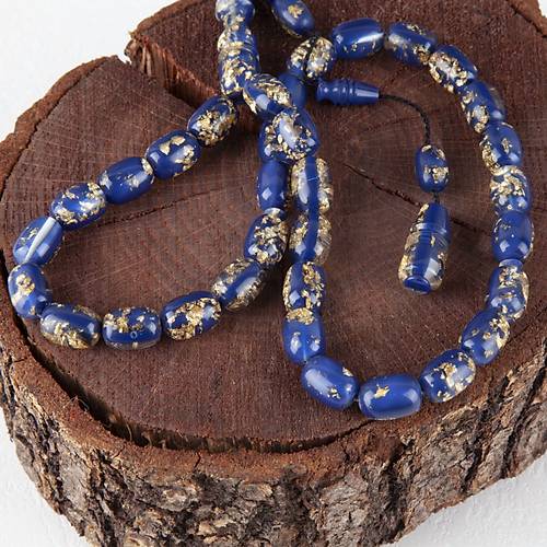 U�ak Cam� Alt�n Varakl� (Sertifikal�) Kaps�l Kesim 9x13mm Tesbih - Lacivert