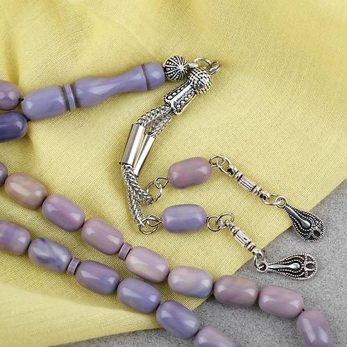 S�kma Kehribar Kaps�l Kesim Alpaka P�sk�ll� 7x11mm Tesbih Lila