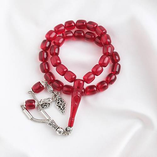 Ate� Kehribar Ayy�ld�z ��lemeli �mame Kaps�l Kesim 9x11mm Tesbih - K�rm�z�