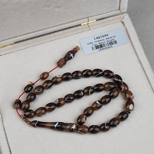 Eski Frans�z Galalit F��� Kesim Mesut Varl� Usta ��i 9x11mm Tesbih - Kahverengi Beyaz