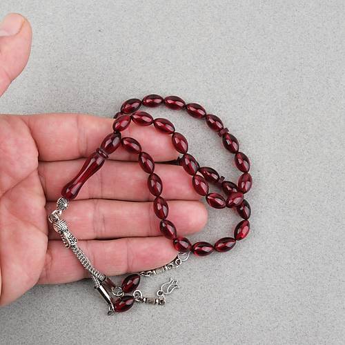 S�kma Kehribar Beyzi Kesim Alpaka P�sk�ll� 7x11mm Tesbih K�rm�z�