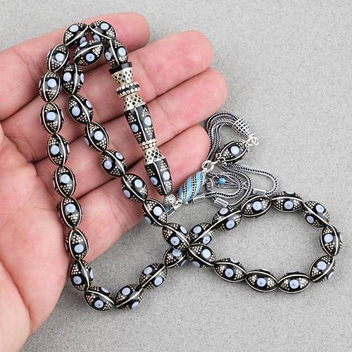 Erzurum Oltu 925Ayar Gm Katalin lemeli Nakka mame Beyzi Kesim 8x11mm Tesbih - Ak Mavi
