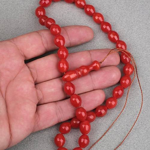 S�kma Kehribar Beyzi Kesim 9x11mm Tesbih - K�rm�z� P�sk�ls�z