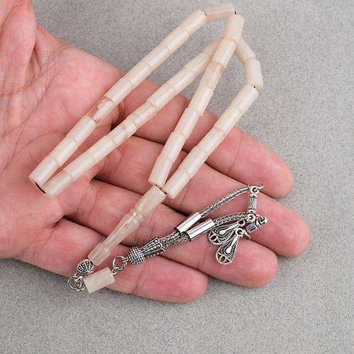 S�kma Kehribar Kesme Kesim Alpaka P�sk�ll� 6x10mm Tesbih Krem