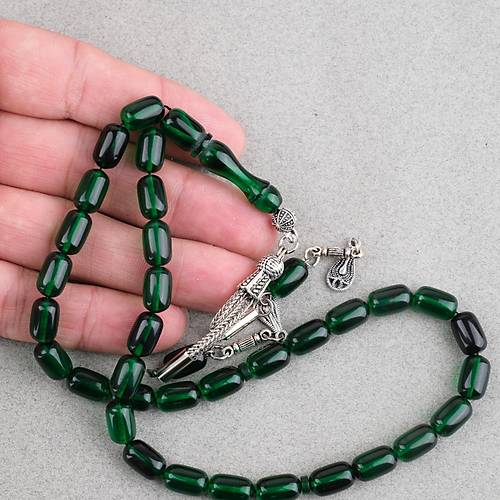 S�kma Kehribar Kaps�l Kesim Alpaka P�sk�ll� 7x11mm Tesbih Koyu Ye�il