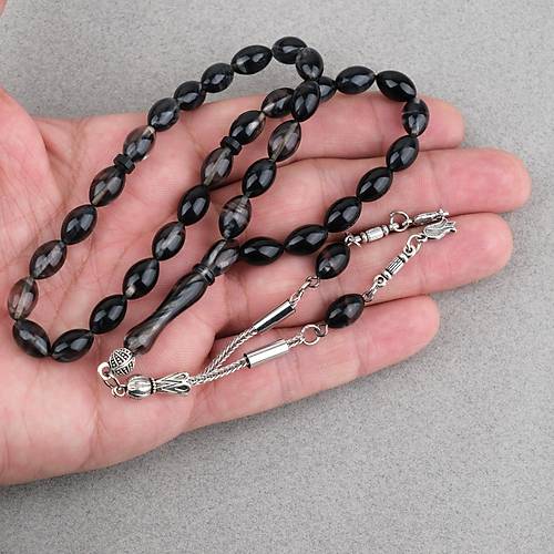 S�kma Kehribar Beyzi Kesim Alpaka P�sk�ll� 7x11mm Tesbih Siyah Gri