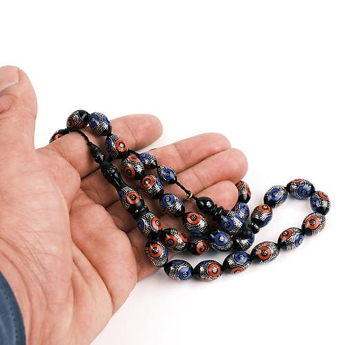 Erzurum Oltu Beyzi Kesim Mercan ve Mine�1000 Ayar G�m�� ��lemeli�9.5x13.5mm Tesbih
