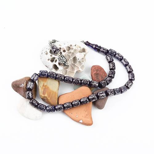 Ate Kehribar 925Ayar Gm akm ve Gm Pskl Kapsl Kesim 8x10mm Tesbih - Mavi