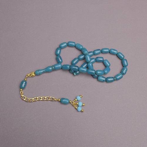 S�kma Kehribar Kaps�l Kesim Alt�n Renk P�sk�ll� 7x11mm Tesbih Turkuaz Ye�ili