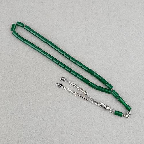 S�kma Kehribar Kesme Kesim Alpaka P�sk�ll� 6x10mm Tesbih- Ye�il
