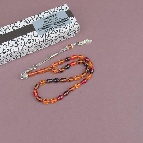 Ate� Kehribar Beyzi Kesim Bilek Boy 5x8mm Tesbih Alpaka P�sk�ll� Sar� K�rm�z�