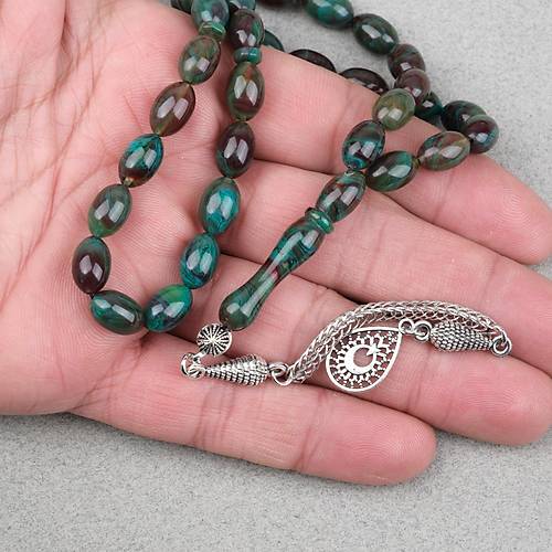 S�kma Kehribar Alpaka P�sk�ll� Beyzi Kesim 7x11mm Tesbih- Krem Ye�il